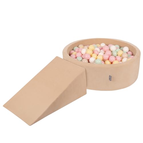 KiddyMoon Spielplatz Velvet Aus Schaumstoff Rund Bällebad Bällebad (100 Bälle) + Zwickel Ballgruben Babys Spielbad, Sandbeige:Pastellbeige/Pastellgelb/Weiß/Minze/Puderrosa von KiddyMoon