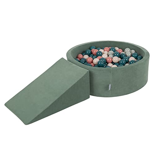 KiddyMoon Spielplatz Velvet Aus Schaumstoff Rund Bällebad Bällebad (200 Bälle) + Zwickel Ballgruben Babys Spielbad, Waldgrün: Dunkeltürkis/Pastellbeige/Grüngrau/Lachsfarben von KiddyMoon