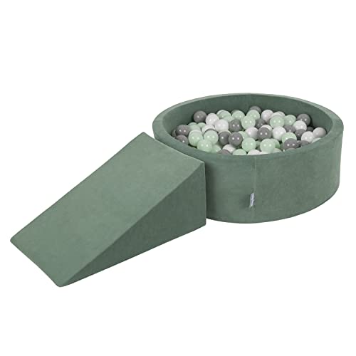 KiddyMoon Spielplatz Velvet Aus Schaumstoff Rund Bällebad Bällebad (200 Bälle) + Zwickel Ballgruben Babys Spielbad, Waldgrün: Weiß/Grau/Minze von KiddyMoon