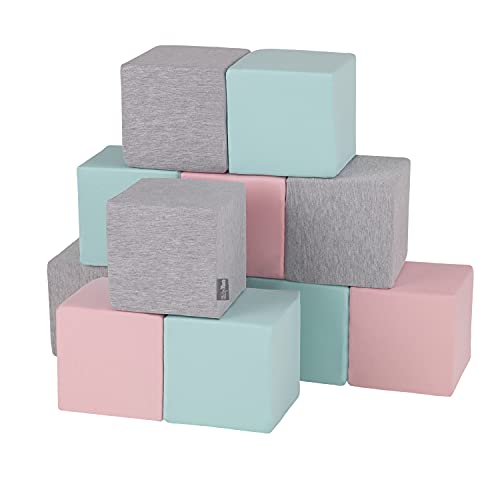 KiddyMoon Schaumstoff Würfel 14 cm Weiche Blöcke 12 Stücke Für Kinder Softbausteine UE, Blöcke: Hellgrau-Pink-Mint von KiddyMoon