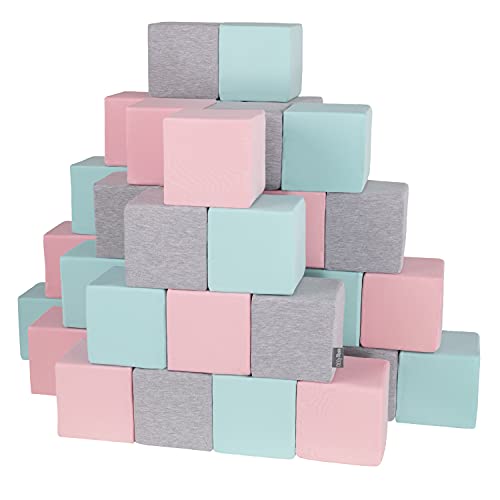 KiddyMoon Schaumstoff Würfel 14 cm Weiche Blöcke 48 Stücke Für Kinder Softbausteine UE, Blöcke: Hellgrau-Pink-Mint von KiddyMoon