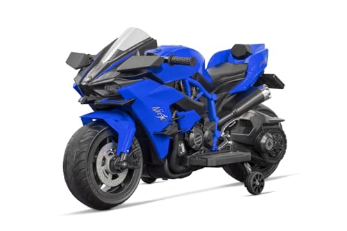 Kidix Elektro Kinder Motorrad Sport Bike R1800 2X 25W Motoren 12V 4.5Ah LED-Scheinwerfer Vorwärts- und Rückwärtsgang Abnehmbare Stützräder Eva-Softreifen 2 Geschwindigkeitsstufen (blau) von Kidix