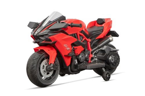 Kidix Elektro Kinder Motorrad Sport Bike R1800 2X 25W Motoren 12V 4.5Ah LED-Scheinwerfer Vorwärts- und Rückwärtsgang Abnehmbare Stützräder Eva-Softreifen 2 Geschwindigkeitsstufen (rot) von Kidix