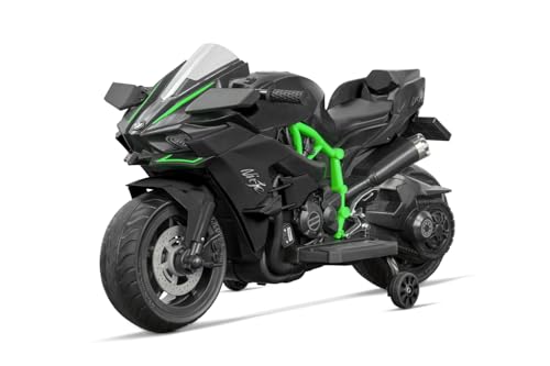 Kidix Elektro Kinder Motorrad Sport Bike R1800 2X 25W Motoren 12V 4.5Ah LED-Scheinwerfer Vorwärts- und Rückwärtsgang Abnehmbare Stützräder Eva-Softreifen 2 Geschwindigkeitsstufen (schwarz) von Kidix