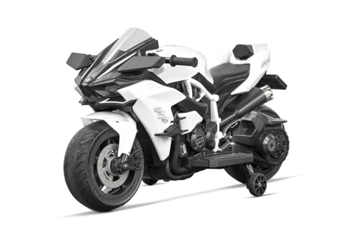 Kidix Elektro Kinder Motorrad Sport Bike R1800 2X 25W Motoren 12V 4.5Ah LED-Scheinwerfer Vorwärts- und Rückwärtsgang Abnehmbare Stützräder Eva-Softreifen 2 Geschwindigkeitsstufen (weiß) von Kidix