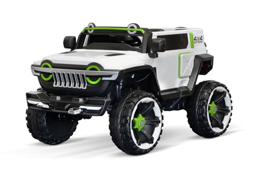 Kidix Elektro Kinderauto SUV Tank Kids 2 Sitzer Allrad 4X 30W Motoren 12V 7Ah Batterie Eva Softreifen Kinder Elektroauto mit LED Beleuchtung Bluetooth USB CVT Soft Start 2.4G Fernbedienung (weiß) von Kidix