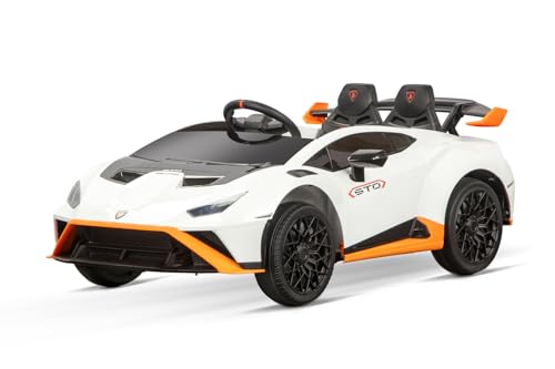 Kidix Lamborghini Huracan STO lizenziert Kinder Elektroauto 2X 65W 12V 9Ah 2.4G RC Fernbedienung LED Soft Start Öffnende Türen Federung hinten Musik USB SD AUX Bluetooth (weiß) von Kidix