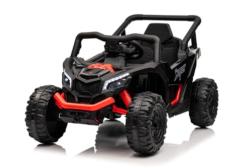 Kidix Super UTV Elektro Kinderauto Allrad 4X 35W 12V 7Ah Eva Softreifen 2.4G Fernbedienung LED MP3 USB CVT Soft Start Vorwärts Rückwärts Federung (schwarz) von Kidix