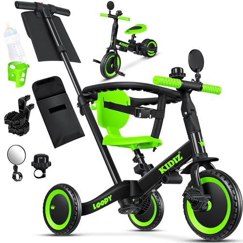 KIDIZ® 6in1 Laufrad Dreirad | Laufräder Lauffahrrad Kinderdreirad ab 1 Jahr bis 5 Jahre | Lauflernhilfe belastbar bis 25Kg | inkl. Lenkstange Sicherheitsbügel Sicherheitsgurt Klingel & Spiegel Schwarz von Kidiz