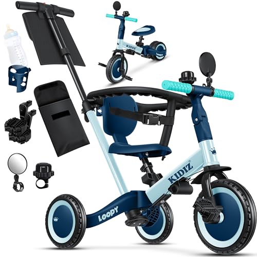 KIDIZ® 6in1 Laufrad Dreirad | Laufräder Lauffahrrad Kinderdreirad ab 1 Jahr bis 5 Jahre | Lauflernhilfe belastbar bis 25Kg | inkl. Lenkstange Sicherheitsbügel Sicherheitsgurt Klingel & Spiegel Blau von Kidiz