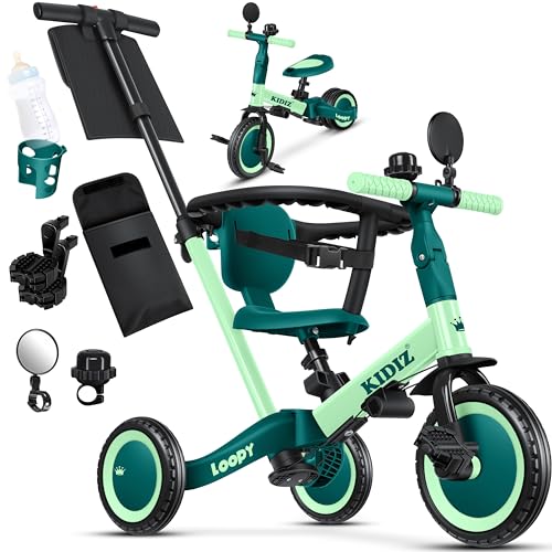 KIDIZ® 6in1 Laufrad Dreirad | Laufräder Lauffahrrad Kinderdreirad ab 1 Jahr bis 5 Jahre | Lauflernhilfe belastbar bis 25Kg | inkl. Lenkstange Sicherheitsbügel Sicherheitsgurt Klingel & Spiegel Grün von Kidiz
