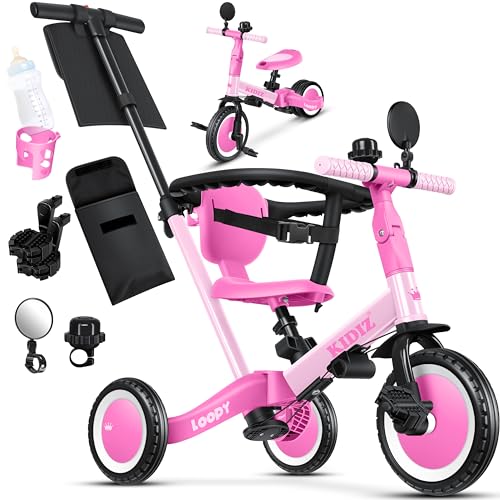 KIDIZ® 6in1 Laufrad Dreirad | Laufräder Lauffahrrad Kinderdreirad ab 1 Jahr bis 5 Jahre | Lauflernhilfe belastbar bis 25Kg | inkl. Lenkstange Sicherheitsbügel Sicherheitsgurt Klingel & Spiegel Rosa von Kidiz