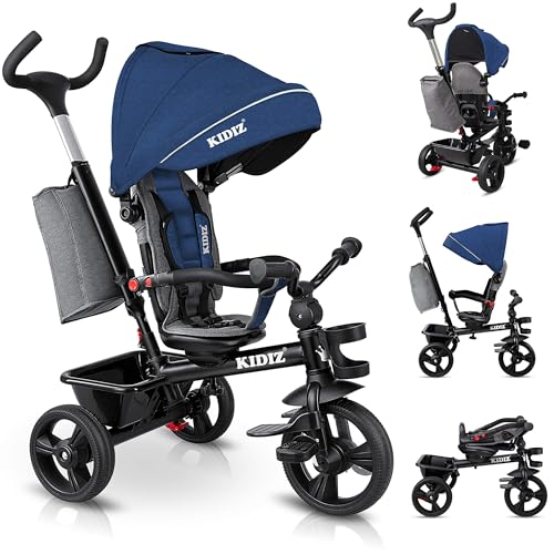 KIDIZ® Dreirad 5in1 Kinderdreirad mit Schubstange Lenksystem Stange ab 1 Jahr, Jogger vorwärts und Rückwärtsfahrt,Korb Tasche Getränkehalter Sonnendach Gummiräder Buggy Fahrrad Baby Klappbar, Blau von Kidiz