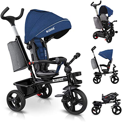 KIDIZ® Dreirad 5in1 Kinderdreirad mit Schubstange Lenksystem Stange ab 1 Jahr, Jogger vorwärts & Rückwärtsfahrt,Korb Tasche Getränkehalter Sonnendach Gummiräder Buggy Fahrrad Baby Klappbar, Dunkelblau von Kidiz