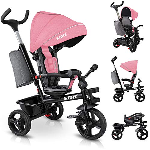 KIDIZ® Dreirad 5in1 Kinderdreirad mit Schubstange Lenksystem Stange ab 1 Jahr, Jogger vorwärts und Rückwärtsfahrt,Korb Tasche Getränkehalter Sonnendach Gummiräder Buggy Fahrrad Baby Klappbar, Rosa von Kidiz