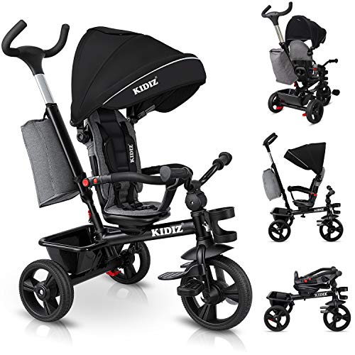 KIDIZ® Dreirad 5in1 Kinderdreirad mit Schubstange Lenksystem Stange ab 1 Jahr, Jogger vorwärts und Rückwärtsfahrt,Korb Tasche Getränkehalter Sonnendach Gummiräder Buggy Fahrrad Baby Klappbar, Schwarz von Kidiz