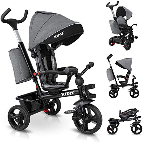 KIDIZ® Dreirad 5in1 Kinderdreirad mit Schubstange Lenksystem Stange ab 1 Jahr, Jogger vorwärts und Rückwärtsfahrt,Korb Tasche Getränkehalter Sonnendach Gummiräder Buggy Fahrrad Baby Klappbar, Grau von Kidiz
