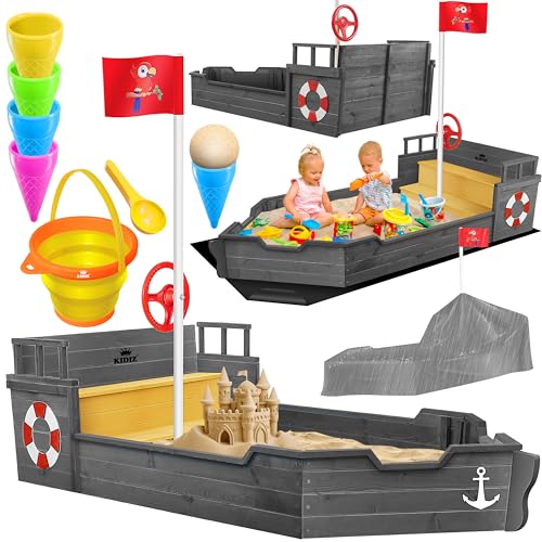 KIDIZ® Sandkasten AHOI - Piratenschiff Boot Segelschiff aus Holz Inkl. Abdeckung, Bodenplane, Sitzbank, Flaggenmast, Spielzeuge | Große Kinder Sandkiste für den Garten | Outdoor Sandbox Antrazit von Kidiz