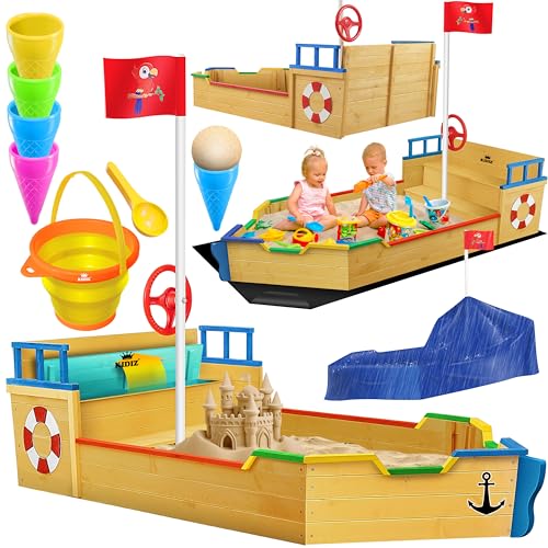 KIDIZ® Sandkasten AHOI - Piratenschiff Boot Segelschiff aus Holz Inkl. Abdeckung, Bodenplane, Sitzbank, Flaggenmast, Spielzeuge | Große Kinder Sandkiste für den Garten | Outdoor Sandbox Bunt von Kidiz