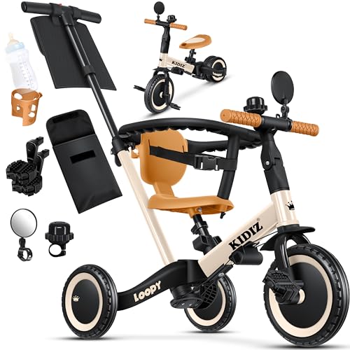 Kidiz® 6in1 Laufrad Dreirad | Laufräder Lauffahrrad Kinderdreirad ab 1 Jahr bis 5 Jahre | Lauflernhilfe belastbar bis 25Kg | inkl. Lenkstange Sicherheitsbügel Sicherheitsgurt Klingel & Spiegel Beige von Kidiz
