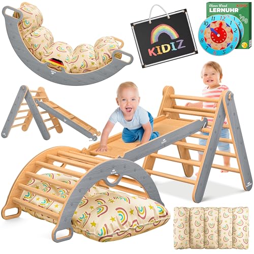 Kidiz® Klettergerüst Montessori 7in1 Spiel-Set mit Kletterbogen Rutsche Kletterdreieck aus Holz inklusive Kissen, Tafel & Lern-Uhr | Indoor Spielplatz für Kleinkinder ab 1 Jahr & Kinder bis 3 Jahre von Kidiz