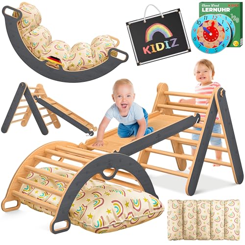 Kidiz® Klettergerüst Montessori 7in1 Spiel-Set mit Kletterbogen Rutsche Kletterdreieck aus Holz inklusive Kissen, Tafel & Lern-Uhr | Indoor Spielplatz für Kleinkinder ab 1 Jahr & Kinder bis 3 Jahre von Kidiz