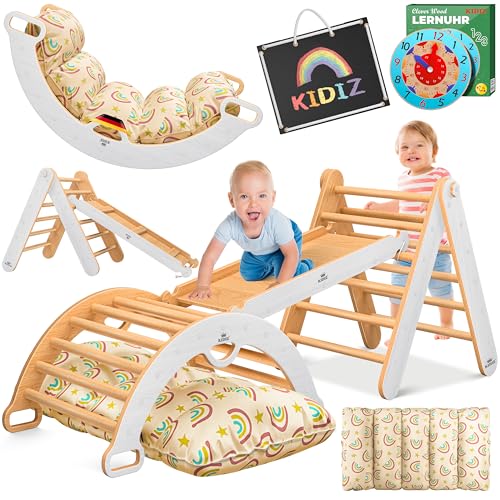 Kidiz® Klettergerüst Montessori 7in1 Spiel-Set mit Kletterbogen Rutsche Kletterdreieck aus Holz inklusive Kissen, Tafel & Lern-Uhr | Indoor Spielplatz für Kleinkinder ab 1 Jahr & Kinder bis 3 Jahre von Kidiz