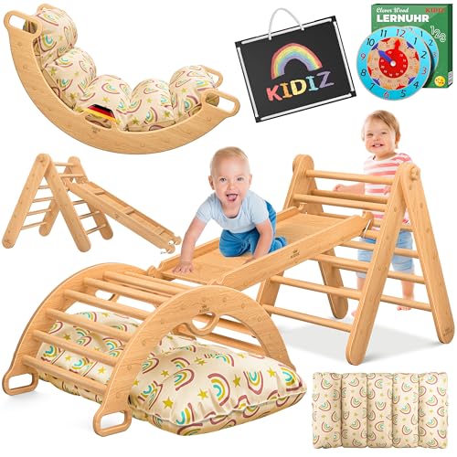 Kidiz® Klettergerüst Montessori 7in1 Spiel-Set mit Kletterbogen Rutsche Kletterdreieck aus Holz inklusive Kissen, Tafel & Lern-Uhr | Indoor Spielplatz für Kleinkinder ab 1 Jahr & Kinder bis 3 Jahre von Kidiz