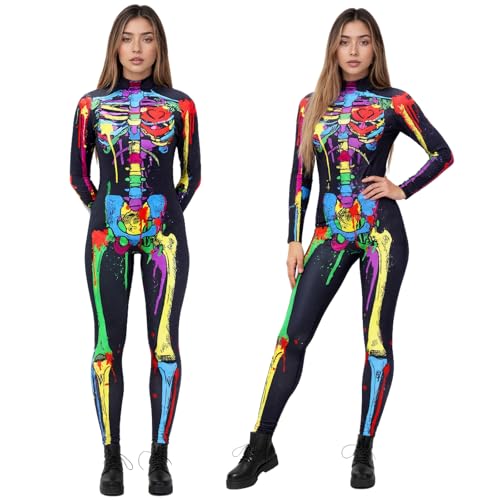 Kidken Gemaltes Skelett Jumpsuit,Halloween Kostüm mit Ganzkörper Druck, Halloween Outfits für Frauen Cosplay Kostüm Party (Bemaltes Skelett, L) von Kidken