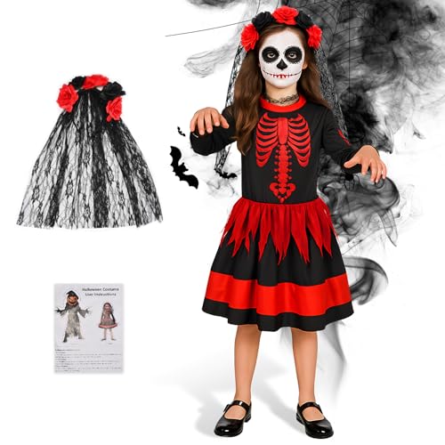 Kidken Skelett Tutu Kleid,Kinder Anzug Halloween Fancy Dress,Kinder Mädchen Tag der Toten Halloween Kostüm Party(Skelett-Kleid, S) von Kidken