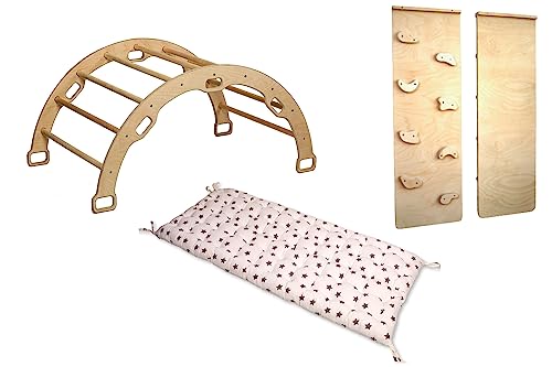 Montessori Kletterbogen | Bogen mit zweiseitiger Felswandrampe & Kissen | Hölzerner Kletterbogen & Kletterwand für Kinder | Kletterbogen Set mit Rampe und Kissen (Star) von Kidodido