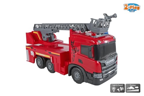 Kids Globe 2Play Scania Feuerwehrauto (rot, mit Licht und Sound, Friktionsantrieb, ausziehbare Drehleiter, 56x20x30 cm, Kinder Fahrzeug, Fahrzeug zum Spielen, Feuerwehrauto für Kinder) 510423 von Kids Globe