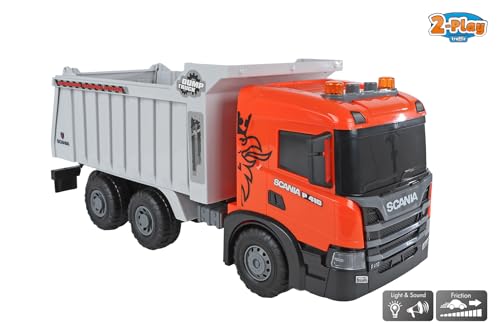 Kids Globe 2Play Scania Kipplaster (orange/grau, mit Licht und Sound, Friktionsantrieb, kippbare Ladefläche, 56x20x30 cm, Kinder Fahrzeug, Fahrzeug zum Spielen, Kipplader für Kinder) 510421 von Kids Globe