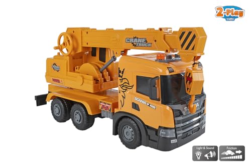 Kids Globe 2Play Scania Kranwagen (gelb, mit Licht und Sound, Friktionsantrieb, ausziehbarer Kranarm, 56x20x30 cm, Kinder Fahrzeug, Fahrzeug zum Spielen, Kranwagen für Kinder) 510422 von Kids Globe