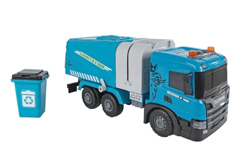 Kids Globe 2Play Scania Müllabfuhr (blau, mit Licht und Sound, Friktionsantrieb, bewegliche Klappen, 56x20x30 cm, Kinder Fahrzeug, Fahrzeug zum Spielen, Müllabfuhr für Kinder) 510424 von Kids Globe