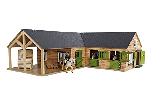 Kids Globe Farming Reiterhof Bauernhof Pferdestall Holz 1:24 mit 3 Boxen, Spielzeug Pferdehof, mit praktischem Faltdach, für alle gängigen Tierfiguren 610211 von Kids Globe