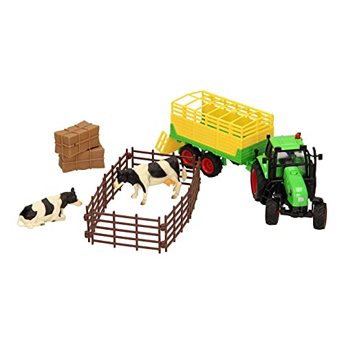 Kids Globe Bauernhof-Spielset (Traktor mit Anhänger, 2 Kühe, 2 Strohballen, Weidezaun, für Bauernhöfe + Pferdehöfe) 510727 von Van Manen