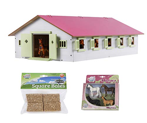 Kids Globe Farming Reiterhof rosa Bauernhof Pferdestall Holz 1:32 mit 9 Boxen, Spielzeug Pferdehof, mit praktischem Faltdach, für alle gängigen Tierfiguren von Kids Globe