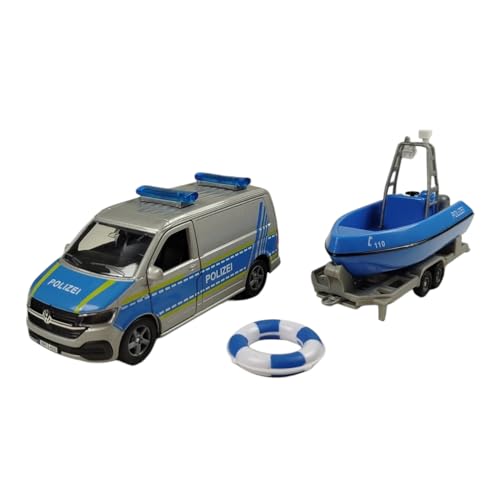 Kids Globe VW Transporter Polizei mit Boot DE Die Cast Pull Back 29cm, Spielzeug für Kinder, 520360 von Kids Globe
