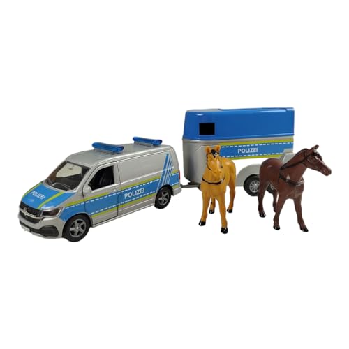 Kids Globe VW Transporter Polizei mit Pferdeanhänger Die Cast Pull Back 28cm, Spielzeug für Kinder, 520359 von Kids Globe