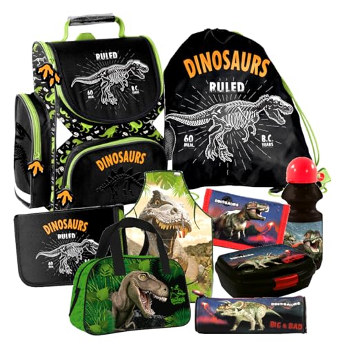 Dinosaurier Dino T-Rex Schulranzen Ranzen Tornister 8 Teile Set Tasche Federmappe Malschürze mit Sticker-von-Kids4shop von Kids4shop