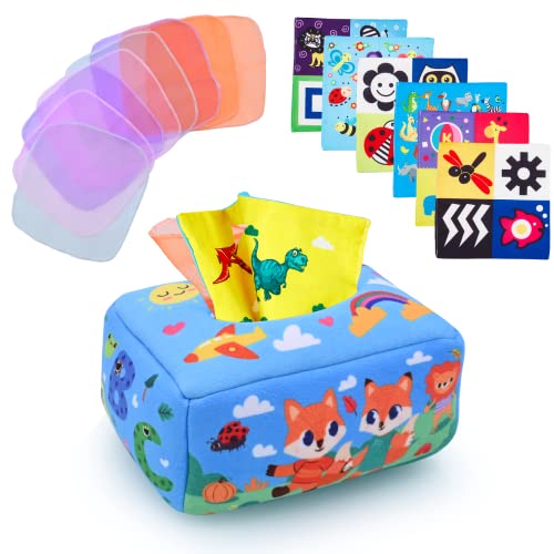 KidsPark Montessori Spielzeug Tücherbox Baby, Interaktive Sensorisches Babyspielzeug Tücherbox mit Knisterpapier und Seidenschals, Tissue Box Spielzeug Frühes Lernspielzeug für Kleinkinder, Fuchs von KidsPark