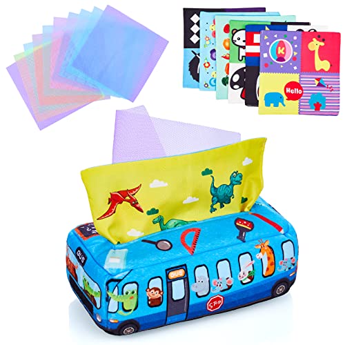 KidsPark Montessori Spielzeug Tücherbox Baby, Interaktive Sensorisches Babyspielzeug Tücherbox mit Knisterpapier und Bunte Seidenschals, Tissue Box Spielzeug Frühes Lernspielzeug für Kleinkinder, Bus von KidsPark