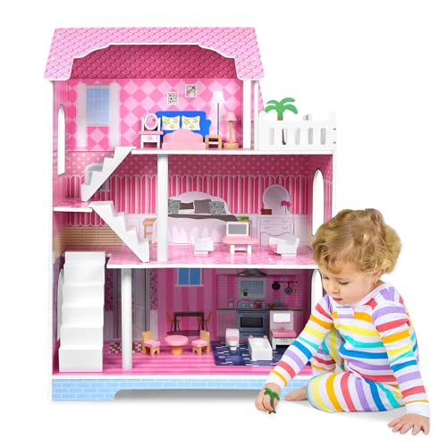 Kidsbuddy Großes Puppenhaus aus Holz für Mädchen,3 Etagen Spielset mit Möbelstücken und Zubehör,Prinzessin Traumhaus,Barbyhaus,Puppenvilla für Kinder ab 3 Jahren,Spielzeuggeschenk,100x36x70cm,Typ B Kidsbuddy Großes Puppenhaus aus Holz für Mädchen,3 Etagen Spielset mit Möbelstücken und Zubehör,Prinzessin Traumhaus,Barbyhaus,Puppenvilla für Kinder ab 3 Jahren,Spielzeuggeschenk,100x36x70cm,Typ B von Kidsbuddy