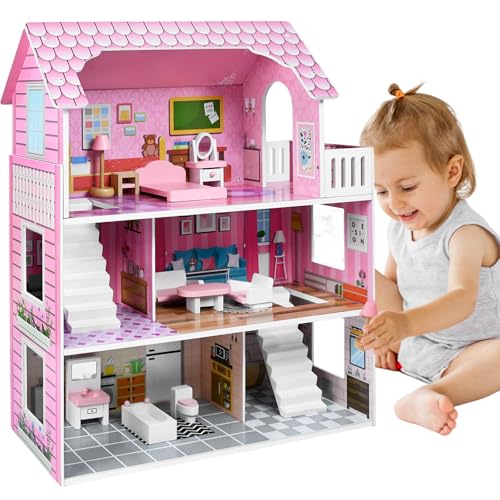 Kidsbuddy Großes Puppenhaus aus Holz für Mädchen,3 Etagen Spielset mit Möbelstücken und Zubehör,Prinzessin Traumhaus,Barbyhaus,Puppenvilla für Kinder ab 3 Jahren,Spielzeuggeschenk,60x24x70cm,Typ A Kidsbuddy Großes Puppenhaus aus Holz für Mädchen,3 Etagen Spielset mit Möbelstücken und Zubehör,Prinzessin Traumhaus,Barbyhaus,Puppenvilla für Kinder ab 3 Jahren,Spielzeuggeschenk,60x24x70cm,Typ A von Kidsbuddy