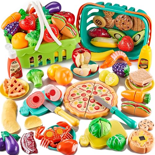 85-teiliges Spielzeug-Lebensmittelset, zum Schneiden von Spielzeug-Lebensmitteln mit 2 Körben, Spielküchen-Zubehör mit Pizza, Gemüse, Obst und Dessert, Geschenk für Jungen und Mädchen. 85-teiliges Spielzeug-Lebensmittelset, zum Schneiden von Spielzeug-Lebensmitteln mit 2 Körben, Spielküchen-Zubehör mit Pizza, Gemüse, Obst und Dessert, Geschenk für Jungen und Mädchen. von Kidsciety