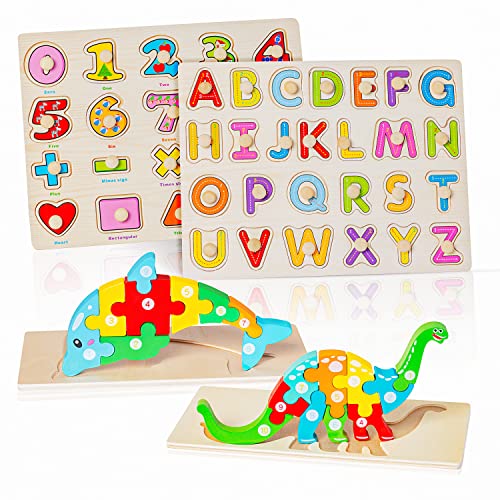 Holzpuzzle Holzspielzeug für Kinder，4 Stück Holzpuzzle，2 Stück Steckpuzzle mit 2 Stück Greifpuzzle für Baby, Alphabet, Nummer, Dinosaurier Tierisches Aufklärung Lernspielzeug für Kleinkinder von Kidsjoy