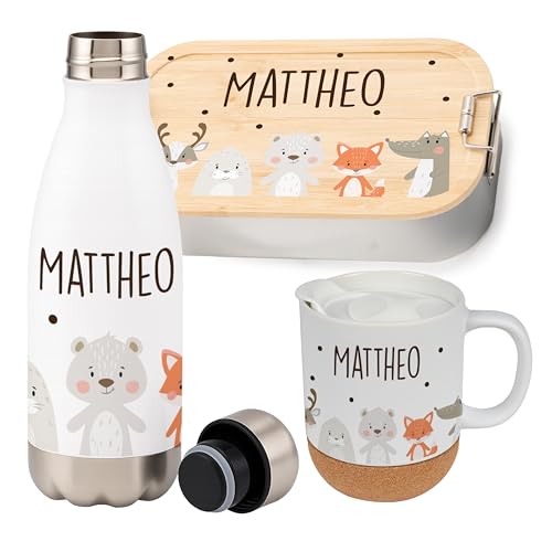 Kidsmood - Personalisiertes Schulset Kinder – Brotdose Edelstahl mit Bambusdeckel, Trinkflasche & Tasse mit Namen – Geschenk zur Einschulung Mädchen Jungen von Kidsmood