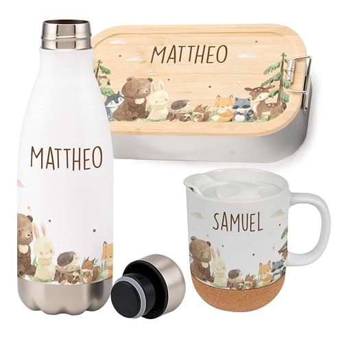 Kidsmood - Personalisiertes Schulset Kinder – Brotdose Edelstahl mit Bambusdeckel, Trinkflasche & Tasse mit Namen – Geschenk zur Einschulung Mädchen Jungen Kidsmood - Personalisiertes Schulset Kinder – Brotdose Edelstahl mit Bambusdeckel, Trinkflasche & Tasse mit Namen – Geschenk zur Einschulung Mädchen Jungen von Kidsmood