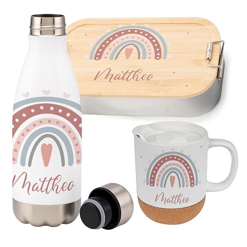 Kidsmood - Personalisiertes Schulset Kinder – Brotdose Edelstahl mit Bambusdeckel, Trinkflasche & Tasse mit Namen – Geschenk zur Einschulung Mädchen Jungen Kidsmood - Personalisiertes Schulset Kinder – Brotdose Edelstahl mit Bambusdeckel, Trinkflasche & Tasse mit Namen – Geschenk zur Einschulung Mädchen Jungen von Kidsmood